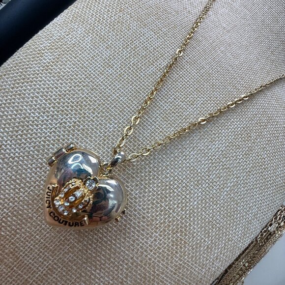 Juicy Couture Gold Heart Locket Necklace With Crown & Rhinestones 18" Chain - Picture 8 of 11